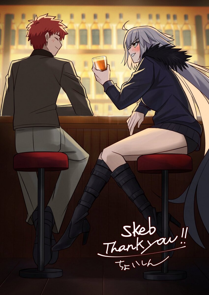 1girl ahoge alcohol alternate_universe bar_(place) beer blue_coat blush boots bottle breasts brown_jacket chair closed_mouth coat cocktail_glass cocktail_shaker contemporary cup dress drinking_glass drunk emiya_shirou fate/grand_order fate/stay_night fate_(series) full-length_zipper fur-trimmed_coat fur-trimmed_jacket fur-trimmed_sleeves fur_trim highres igote jacket jeanne_d&#039;arc_alter_(avenger)_(fate) jeanne_d&#039;arc_alter_(fate) jeanne_d&#039;arc_alter_(ver._shinjuku_1999)_(fate) jewelry la_grondement_du_haine liquor long_hair necklace official_alternate_costume open_clothes open_coat open_mouth orange_hair pants red_hair shintyoi2 sitting skirt smile thigh_boots thighhighs whiskey wine_bottle yellow_eyes zipper zipper_dress