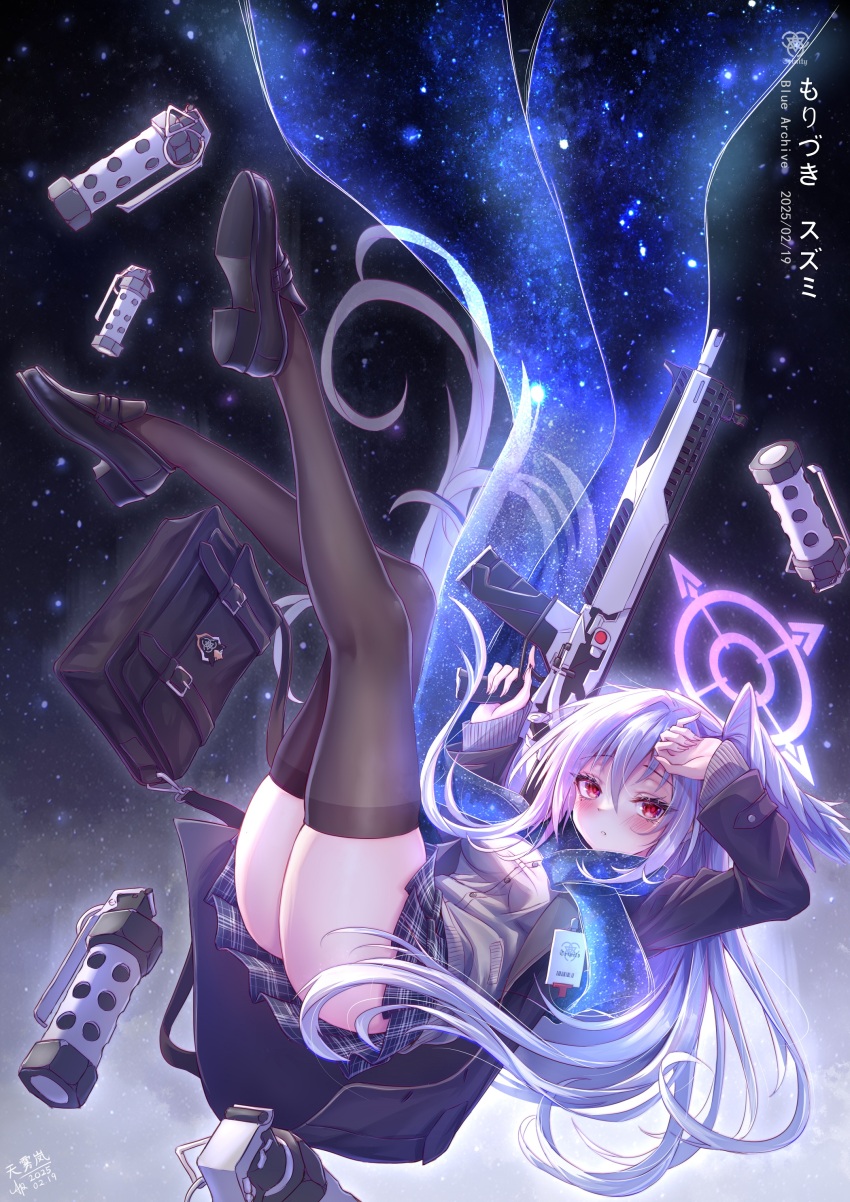 1girl absurdres aperture ass bag blue_archive commentary dated dress_shirt falling flashbang grey_jacket gun hair_between_eyes halo head_wings highres holding holding_gun holding_weapon jacket legs_up long_hair mary_janes night night_sky purple_halo red_eyes rifle school_bag school_uniform see-through_clothes see-through_scarf shirt shoes sig_mcx simple_background single_head_wing sky solo star_(sky) starry_sky suzumi_(blue_archive) thighs trigger_discipline very_long_hair weapon white_hair wings