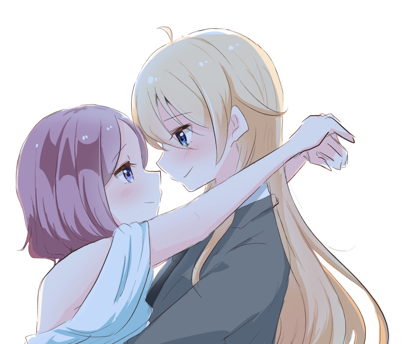 2girls arms_around_neck black_jacket blonde_hair blue_eyes blush brown_hair closed_mouth commentary_request dress eye_contact from_side highres jacket long_hair looking_at_another multiple_girls new_game! off-shoulder_dress off_shoulder profile short_hair simple_background smile suit_jacket tooyama_rin upper_body white_background white_dress yagami_kou yuri yuuki_(yunky373)