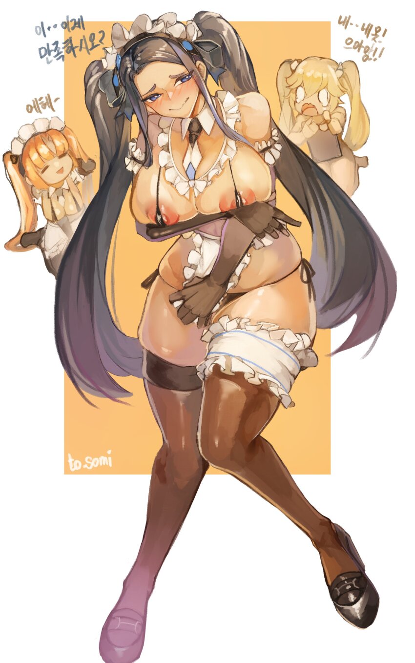 3girls absurdres areola_slip bikini black_footwear black_hair blonde_hair blue_eyes blush breasts character_request female_focus full_body half-closed_eyes highres huge_breasts invincible_dragon_(last_origin) knees_together_feet_apart korean_text larribee last_origin maid maid_headdress micro_bikini multiple_girls naughty_face nereid_(last_origin) orange_hair skindentation standing swimsuit thetis_(last_origin) thick_thighs thighhighs thighs twintails unconventional_maid wide_hips