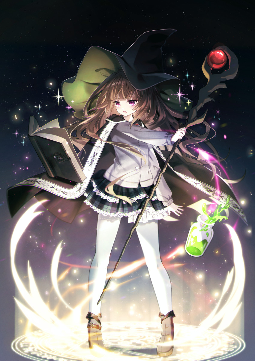1girl absurdres black_cape black_hat book boots bottle brown_boots brown_hair cape commentary_request commission danby_merong floating_hair full_body green_skirt grey_jacket hat highres holding holding_staff jacket layered_skirt long_hair magic_circle open_book orb original pantyhose parted_lips pixiv_commission plaid_clothes plaid_skirt pleated_skirt purple_eyes skirt solo staff standing very_long_hair white_pantyhose witch_hat