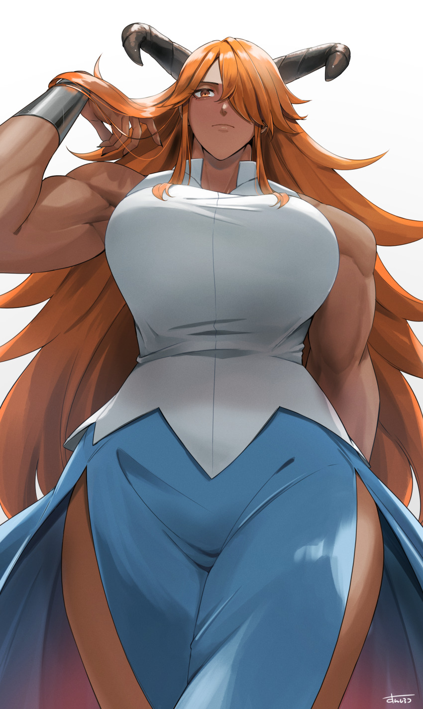 1girl absurdres blue_skirt bracelet breasts commission curvy dark-skinned_female dark_skin expressionless hair_over_one_eye highres horns huge_breasts impossible_clothes impossible_shirt jewelry long_hair muscular muscular_female orange_eyes orange_hair original pixiv_commission shirt signature skirt solo sunsirou white_shirt