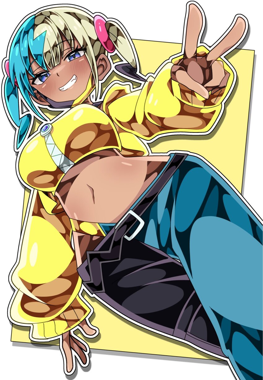 1girl aqua_hair bandeau black_hair black_pants blonde_hair blue_pants blush canari_(pokemon) commentary dark-skinned_female dark_skin grin highres jacket long_sleeves looking_at_viewer midriff multicolored_hair navel nintendo pants pokemon pokemon_legends:_z-a purple_eyes shiki_(kisikisi1007) smile solo twintails two-tone_background v white_background yellow_background yellow_bandeau yellow_jacket