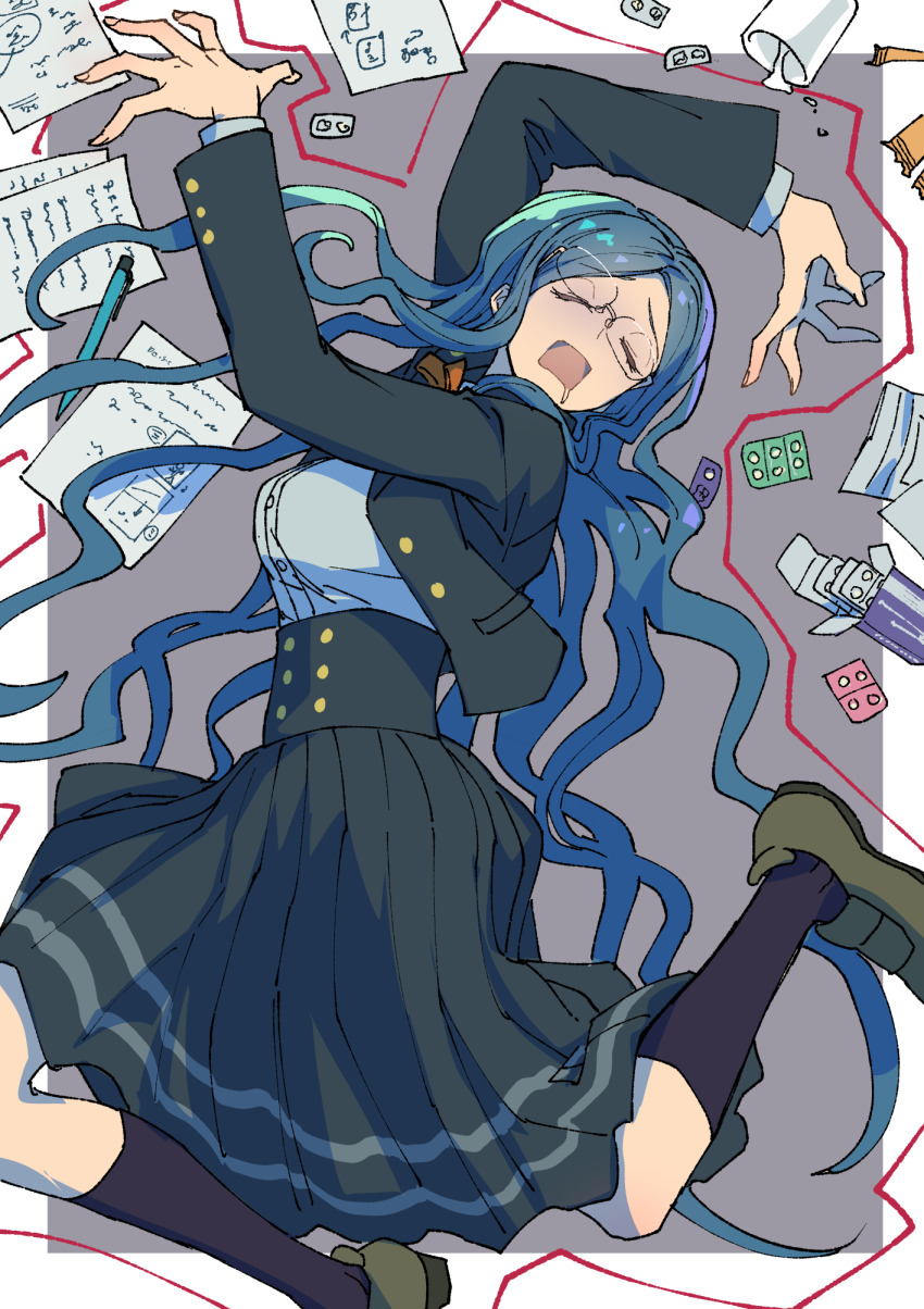 1girl black_jacket blister_pack blue_corset blue_hair bow bowtie breasts collared_jacket corset danganronpa_(series) danganronpa_v3:_killing_harmony drooling eyelashes glasses highres jacket kneehighs long_hair long_skirt long_sleeves open_mouth orange_bow orange_bowtie orange_ribbon paper pen pleated_skirt ribbon school_uniform shirogane_tsumugi shirt skirt sleeping socks sprawled very_long_hair wavy_hair white_shirt youko-shima