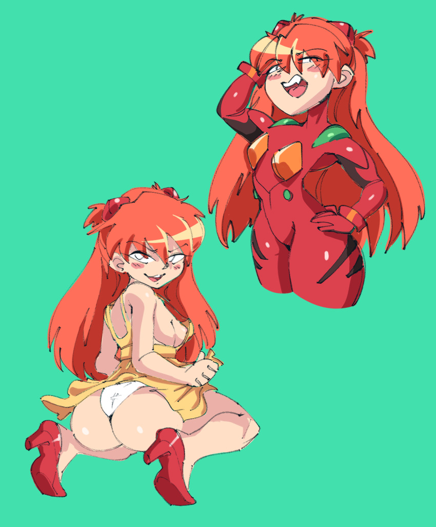 1girl arzonaut ass blue_eyes blush blush_stickers bodysuit breasts brown_hair cowboy_shot dress full_body gloves green_background hair_between_eyes hand_on_own_hip highleg highleg_panties highres huge_ass interface_headset_(evangelion) long_hair looking_at_viewer looking_back mecha_pilot_suit multiple_views naughty_face neon_genesis_evangelion nipples one_breast_out open_mouth panties plugsuit_(evangelion) red_bodysuit shiny_clothes simple_background skindentation smile smug souryuu_asuka_langley squatting sundress thong tsundere underwear white_panties yellow_dress