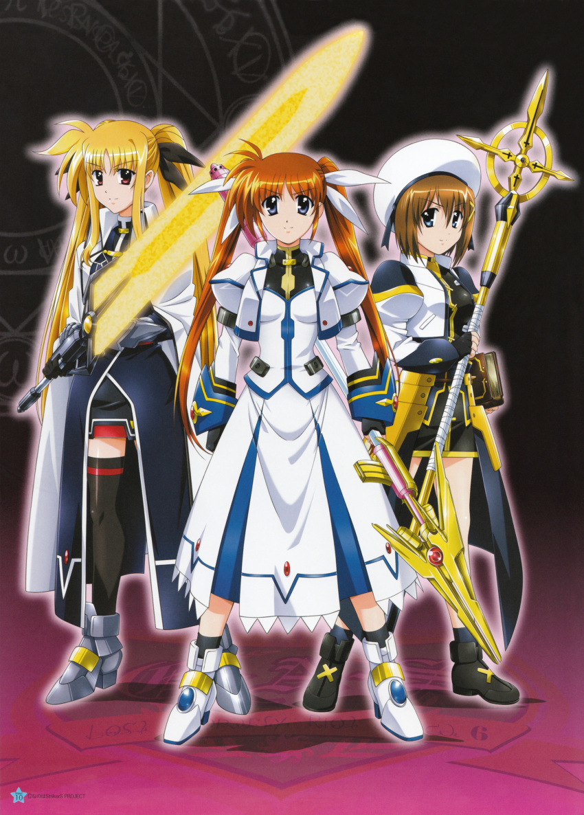 2000s_(style) 3girls absurdres bardiche_(nanoha) bardiche_(zanber_form)_(nanoha) black_background black_footwear blonde_hair blue_eyes book brown_hair copyright_name crosier emblem fate_testarossa fate_testarossa_(impulse_form) gradient_background grey_footwear highres holding holding_book holding_polearm holding_spear holding_staff holding_sword holding_weapon looking_at_viewer lyrical_nanoha magazine_scan magical_girl mahou_shoujo_lyrical_nanoha mahou_shoujo_lyrical_nanoha_strikers megami_magazine multiple_girls official_art photoshop_(medium) polearm raising_heart raising_heart_(exceed_mode) red_eyes scan schwertkreuz spear staff sword takamachi_nanoha takamachi_nanoha_(exceed_mode) tome_of_the_night_sky twintails weapon white_footwear yagami_hayate