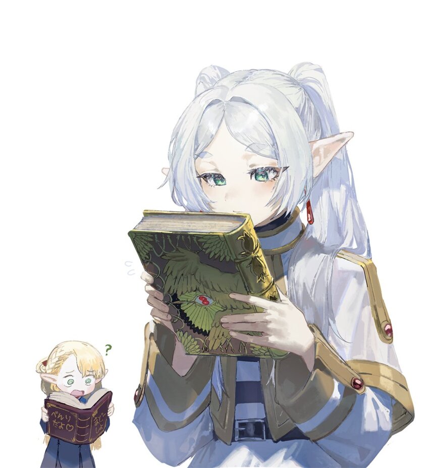 2girls ? asymmetrical_hair belt blue_dress book capelet confused crossover curious dress dungeon_meshi earrings elf eye_symbol eyelashes flying_sweatdrops frieren gem green_eyes grimoire hair_bun hair_intakes hair_over_shoulder holding holding_book jewelry long_hair long_sleeves marcille_donato multiple_girls open_book open_mouth parted_bangs pointy_ears quasarcake raised_eyebrows reading red_gemstone season_connection shirt simple_background single_hair_bun skirt skirt_set sousou_no_frieren species_connection striped_clothes striped_shirt symbol-shaped_pupils twintails upper_body white_background white_capelet white_skirt