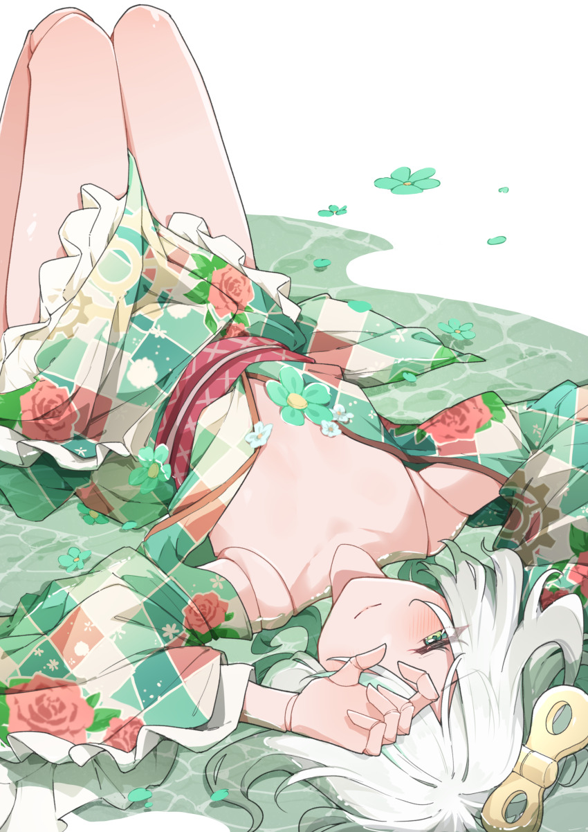 1girl absurdres airenif cecilia_immergreen cecilia_immergreen_(new_year) checkered_clothes checkered_kimono closed_mouth doll doll_joints double-parted_bangs flat_chest floral_print floral_print_kimono gradient_hair green_eyes green_hair green_kimono grey_hair hair_between_eyes hair_ornament highres hololive hololive_english japanese_clothes joints kimono knees_up long_sleeves looking_at_viewer lying multicolored_hair obi official_alternate_costume on_back partially_submerged print_kimono red_sash sash short_hair simple_background smile solo virtual_youtuber white_background winding_key