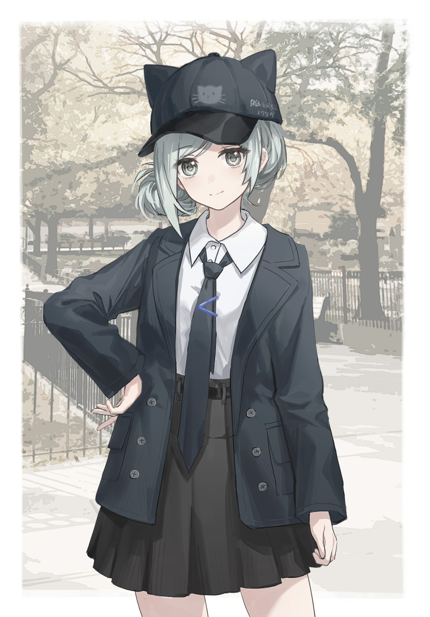 1girl absurdres animal_ear_headwear baseball_cap black_hat black_jacket black_necktie black_skirt border collared_shirt cowboy_shot fake_animal_ears grey_eyes grey_hair hair_bun hand_on_own_hip hat highres jacket looking_at_viewer necktie open_clothes open_jacket reverse:1999 shirt shirt_tucked_in skirt solo tie_clip vertin_(reverse:1999) white_border white_shirt yukiri_(l_ii)