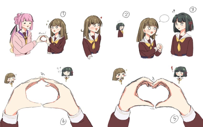 ! 3girls =_= ? ?? ahoge anyoji_hime black_hair black_ribbon blank_speech_bubble blonde_hair blunt_bangs blunt_ends blush blush_stickers borderless_panels braid brown_dress brown_hair center-flap_bangs circle_hands commentary cropped_torso dress flower_knot gradient_hair hair_ribbon hasu_no_sora_school_uniform heart heart_hands heart_hands_duo highres hood hooded_jacket jacket kachimachi_kosuzu link!_like!_love_live! long_hair long_sleeves love_live! medium_dress mikanon momose_ginko motion_lines multi-tied_hair multicolored_hair multiple_girls multiple_views neckerchief numbered_panels o_o open_clothes open_jacket pink_hair pink_jacket pleated_dress ponytail ribbon sailor_collar sailor_dress school_uniform short_hair side_ahoge side_braids sidelocks sparkle speech_bubble straight_hair symbol-only_commentary virtual_youtuber white_sailor_collar winter_uniform yellow_neckerchief