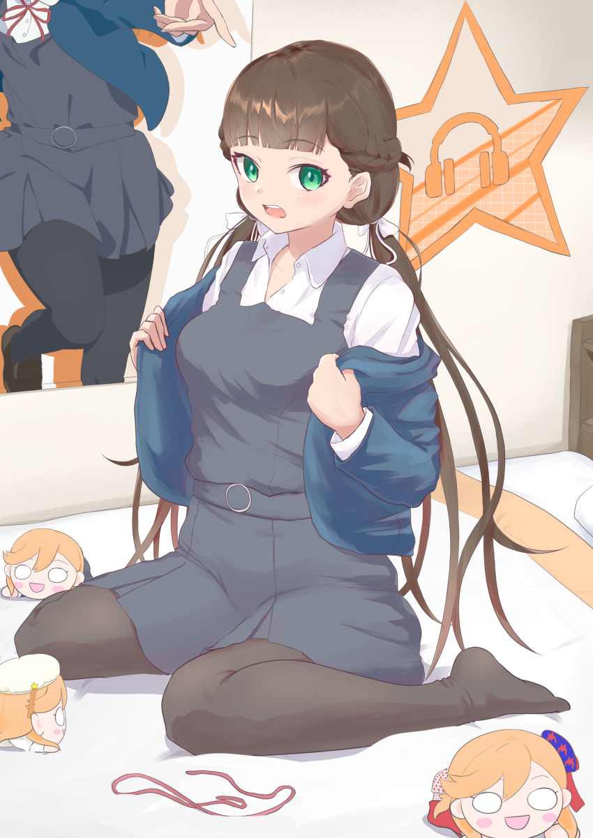 1girl absurdres beret black_pantyhose blazer blue_hat blue_jacket blunt_bangs braid breasts brown_hair character_doll clothes_grab collared_shirt commentary dress dress_shirt full_body green_eyes grey_dress half_up_braid hat highres jacket jacket_grab jacket_partially_removed long_hair long_sleeves love_live! love_live!_superstar!! low_twintails medium_breasts nesoberi official_art_inset on_bed open_clothes open_jacket open_mouth otaku pantyhose pinafore_dress poster_(object) red_ribbon ribbon sakurakoji_kinako school_uniform shibuya_kanon shirt short_dress sitting sleeveless sleeveless_dress solo starlight_prologue start!!_true_dreams_(love_live!) teeth twintails undressing unworn_ribbon upper_teeth_only wariza white_hat white_shirt winter_uniform yuigaoka_school_uniform zacuro