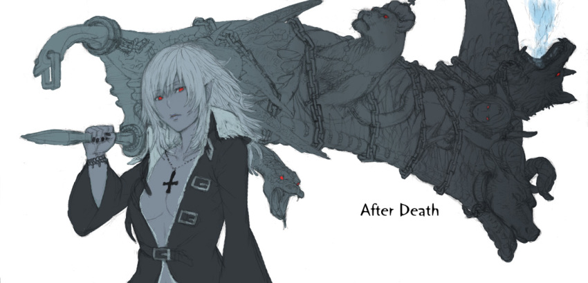 2girls arms_behind_head blue_fire bound bound_arms bracelet breath_weapon breathing_fire bull chain chiki_(botugo) chimera closed_eyes closed_mouth coat convenient_censoring cross cross_necklace crown dog english_text fangs fingernails fire fur-trimmed_coat fur_trim greatsword grey_background greyscale hatching_(texture) holding holding_sword holding_weapon huge_weapon inverted_cross jewelry lion long_hair looking_at_viewer monochrome multiple_girls necklace open_mouth original over_shoulder parted_lips pointy_ears red_eyes sharp_teeth short_hair smile snake solo_focus spot_color sword sword_over_shoulder teeth tongue tongue_out weapon weapon_over_shoulder