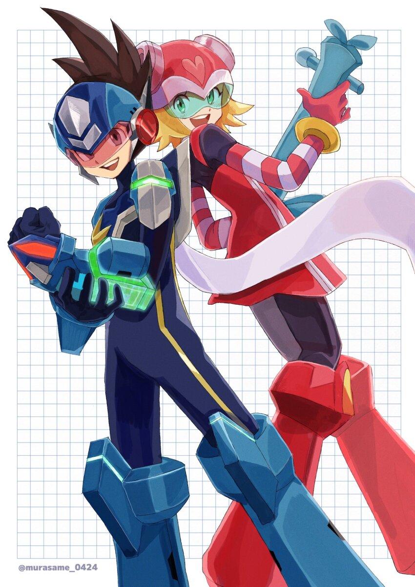 1boy 1girl assault_visor back-to-back black_bodysuit blonde_hair blue_bodysuit blue_helmet bodysuit brown_hair clenched_hand dress feet_out_of_frame geo_stelar_(mega_man) green-tinted_eyewear guitar harp_note_(mega_man) helmet highres holding holding_guitar holding_instrument instrument magainu medium_hair mega_man_(series) mega_man_star_force_(series) mega_man_star_force_3 missing_commentary red-tinted_eyewear red_dress red_helmet short_hair simple_background sonia_strumm_(mega_man) star_force_mega_man tinted_eyewear twitter_username white_background