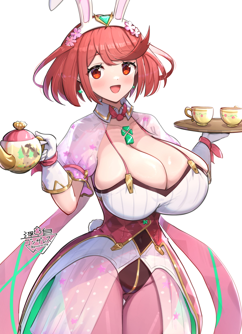 1girl absurdres alternate_costume breasts cleavage female_focus gloves gonzarez highres holding holding_teapot holding_tray large_breasts leotard nontraditional_playboy_bunny pantyhose playboy_bunny pyra_(xenoblade) rabbit_ears red_eyes red_hair skirt solo teacher teapot tray white_gloves xenoblade_chronicles_(series) xenoblade_chronicles_2