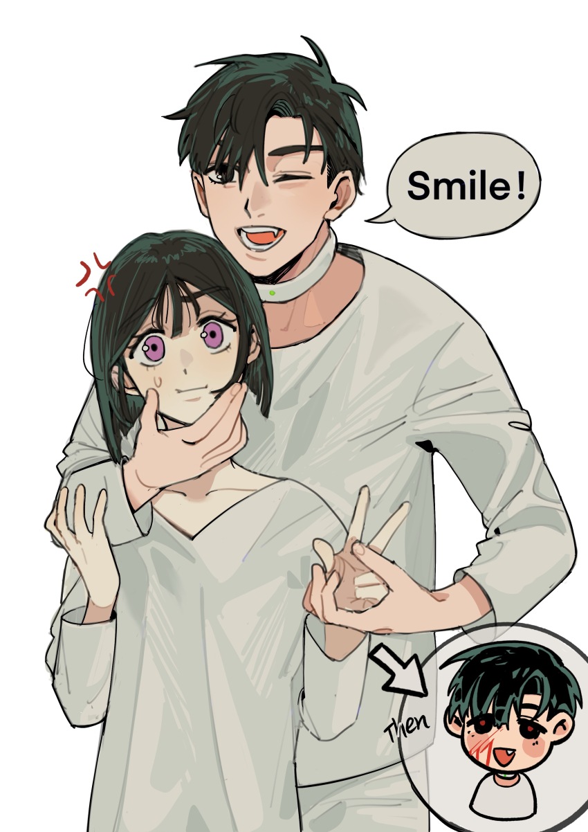 1boy 1girl absurdres alien_stage anger_vein arrow_(symbol) black_eyes black_hair blood blood_on_face chinese_commentary choker collarbone commentary dress english_text fang forced_smile grabbing_another&#039;s_face highres ivan_(alien_stage) long_sleeves matching_outfits one_eye_closed purple_eyes red_pupils shirt short_hair simple_background speech_bubble sua_(alien_stage) tareme tuxiaoning_not v-neck very_short_hair w white_background white_choker white_dress white_shirt