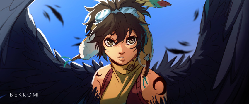+anima 1boy absurdres bekkomi bird_boy black_hair black_wings cooro_(+anima) feather_hair_ornament feathered_wings feathers goggles goggles_on_head hair_ornament highres looking_at_viewer male_focus parted_lips short_hair shoulder_tattoo solo tattoo upper_body wings