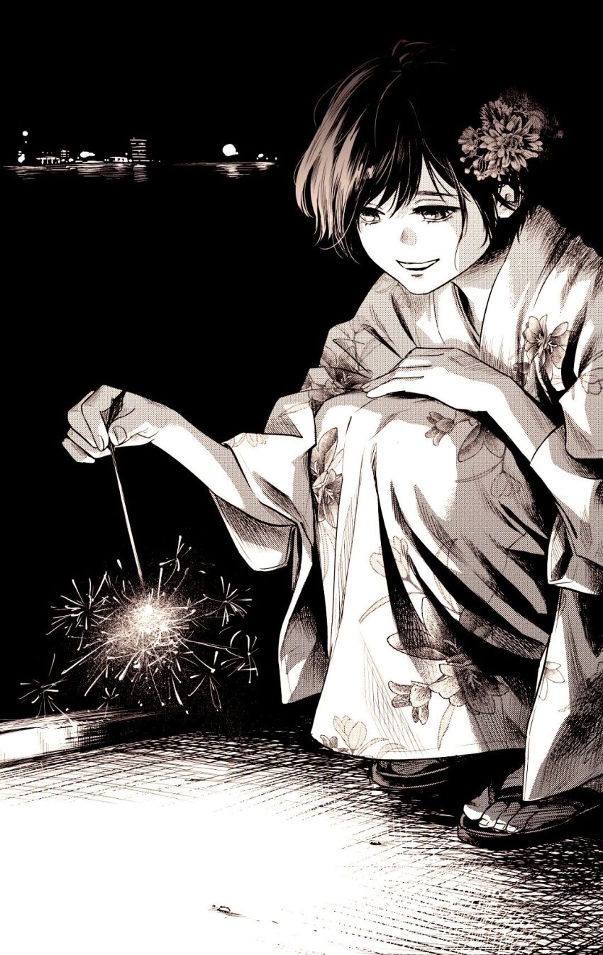 1girl commentary_request crosshatching fingernails fireworks floral_print floral_print_kimono flower full_body greyscale grin hair_flower hair_ornament hand_on_own_knee hashtag-only_commentary hatching_(texture) highres holding holding_fireworks hori_yayano japanese_clothes kimono linear_hatching looking_down monochrome night non_(mangaka) official_artist_extra pole_star_(non) print_kimono sandals screentones short_hair smile solo sparkler sparks squatting swept_bangs toenails toes underlighting wavy_hair wide_sleeves yukata