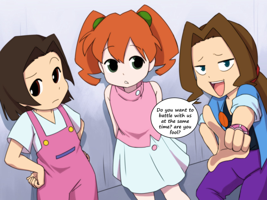 3girls amazake_arika blue_eyes brown_eyes brown_hair green_eyes highres junmai_karin kikuhime medarot multiple_girls orange_hair