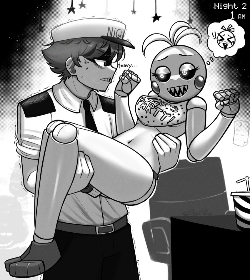 ! !! &gt;_&lt; 1boy 1girl :d absurdres anger_vein artist_name belt bib bird_girl blush_stickers breasts carrying carrying_person clenched_teeth colored_sclera commentary cup desk disposable_cup drum_(container) english_text five_nights_at_freddy&#039;s five_nights_at_freddy&#039;s_2 full_body glowing glowing_eyes greyscale hat highres holding jeremy_fitzgerald joints looking_at_another medium_breasts monochrome navel necktie no_pants open_mouth pants paper pietrosatou robot robot_girl robot_joints security_guard shaded_face shadow_bonnie_(fnaf) sharp_teeth shirt short_hair sleeves_rolled_up smile speech_bubble star_(symbol) sweat teeth thought_bubble toy_chica trembling xd