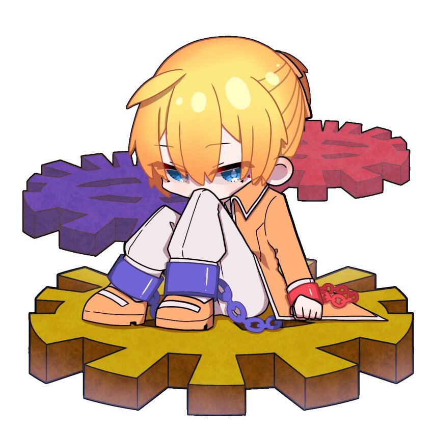 1boy ahoge allen_avadonia blonde_hair blue_eyes bound brown_pants chaban_capriccio_(vocaloid) chain chained chibi collared_jacket cuffs erifura evillious_nendaiki gears hair_between_eyes hair_ribbon half-closed_eyes highres jacket kagamine_len orange_jacket orange_shoes pants re_birthday_(vocaloid) restrained ribbon shackles shoes sitting tsurime white_pants
