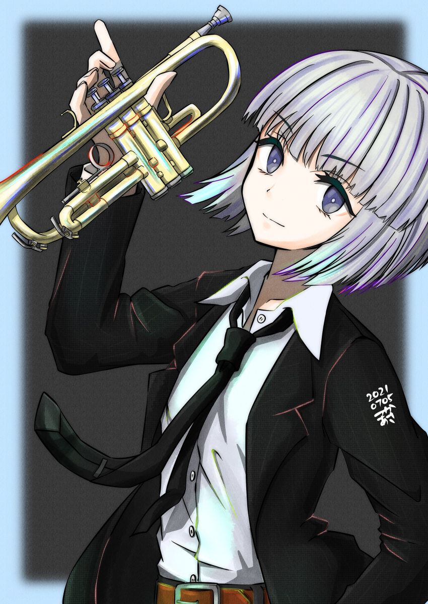 1girl absurdres belt belt_buckle black_jacket black_necktie border bright_pupils brown_belt buckle buttons closed_mouth dated grey_eyes hand_up highres holding holding_instrument holding_trumpet instrument jacket long_sleeves looking_at_viewer necktie original outside_border shirt short_hair smile solo suit_jacket trumpet tsukaasa white_hair white_pupils white_shirt wing_collar