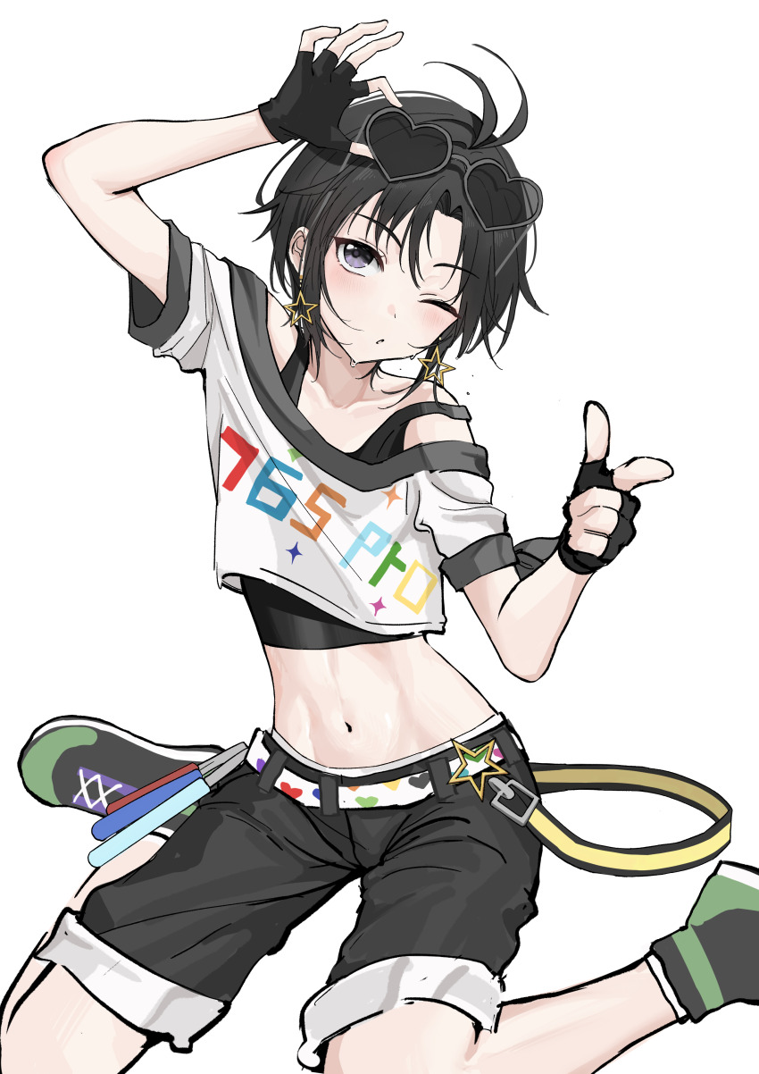 1girl absurdres aburi-gatana antenna_hair belt black_eyes black_gloves black_hair black_shoes collarbone cropped_shirt earrings eyewear_on_head fingerless_gloves gloves glowstick heart heart-shaped_eyewear heart_print highres idolmaster idolmaster_(classic) idolmaster_2 jewelry kikuchi_makoto looking_at_viewer navel one_eye_closed parted_lips print_belt shirt shoes short_hair short_sleeves sitting sneakers solo star_(symbol) star_earrings street_hopper_(idolmaster) sunglasses white_shirt