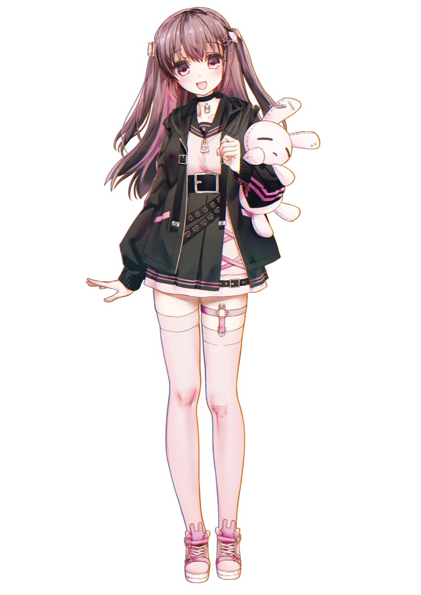 1girl :d arm_at_side belt black_belt black_jacket black_sailor_collar black_skirt blush bow brown_hair commentary full_body hair_between_eyes hair_bow hair_ornament hand_up high-waist_skirt highres holding holding_stuffed_toy hood hood_down hooded_jacket jacket jirai_kei long_hair long_sleeves looking_at_viewer multicolored_hair natsuoto_rito open_clothes open_jacket open_mouth original pink_hair pink_shirt pink_shoes pink_thighhighs red_eyes sailor_collar shirt shoes simple_background skirt sleeves_past_wrists smile sneakers standing streaked_hair stuffed_animal stuffed_rabbit stuffed_toy tachi-e thigh_strap thighhighs thighs two_side_up white_background white_bow x_hair_ornament zettai_ryouiki zipper