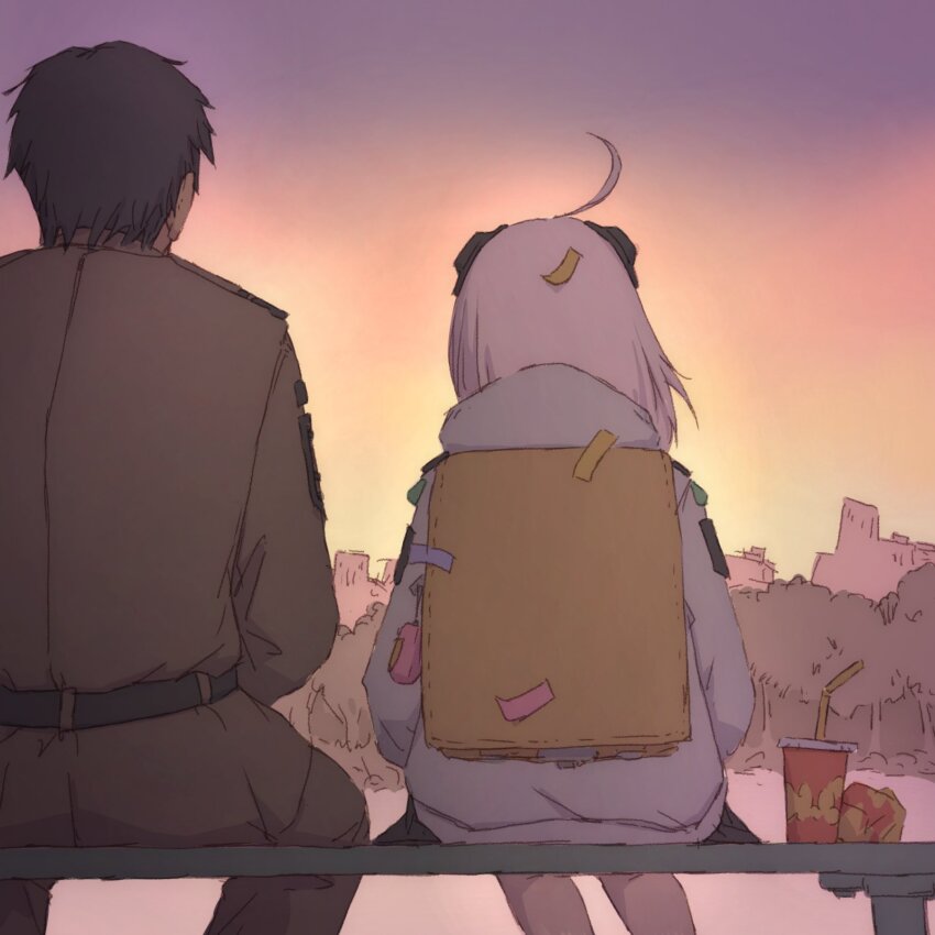 1boy 1girl admi_(nikke) ahoge bag belt bench brown_hair brown_pants brown_shirt commander_(nikke) cup disposable_cup fast_food food_wrapper from_behind goddess_of_victory:_nikke hair_ornament highres jacket long_sleeves looking_afar medium_hair mero_(ilsttkgbz11) military_uniform pants pleated_skirt shirt skirt white_jacket