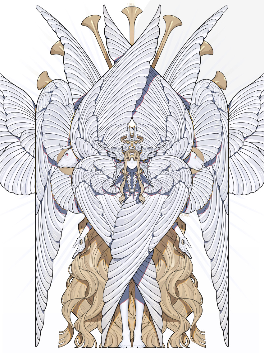 1other absurdly_long_hair absurdres animal_head bare_legs barefoot biblically_accurate_angel blonde_hair bull cherub chinese_commentary colored_skin commentary_request crrn empty_eyes feathered_wings full_body halo head_wings highres instrument lion long_hair looking_at_viewer nude original simple_background solo standing third_eye too_many_wings trumpet very_long_hair white_background white_hair white_skin wings
