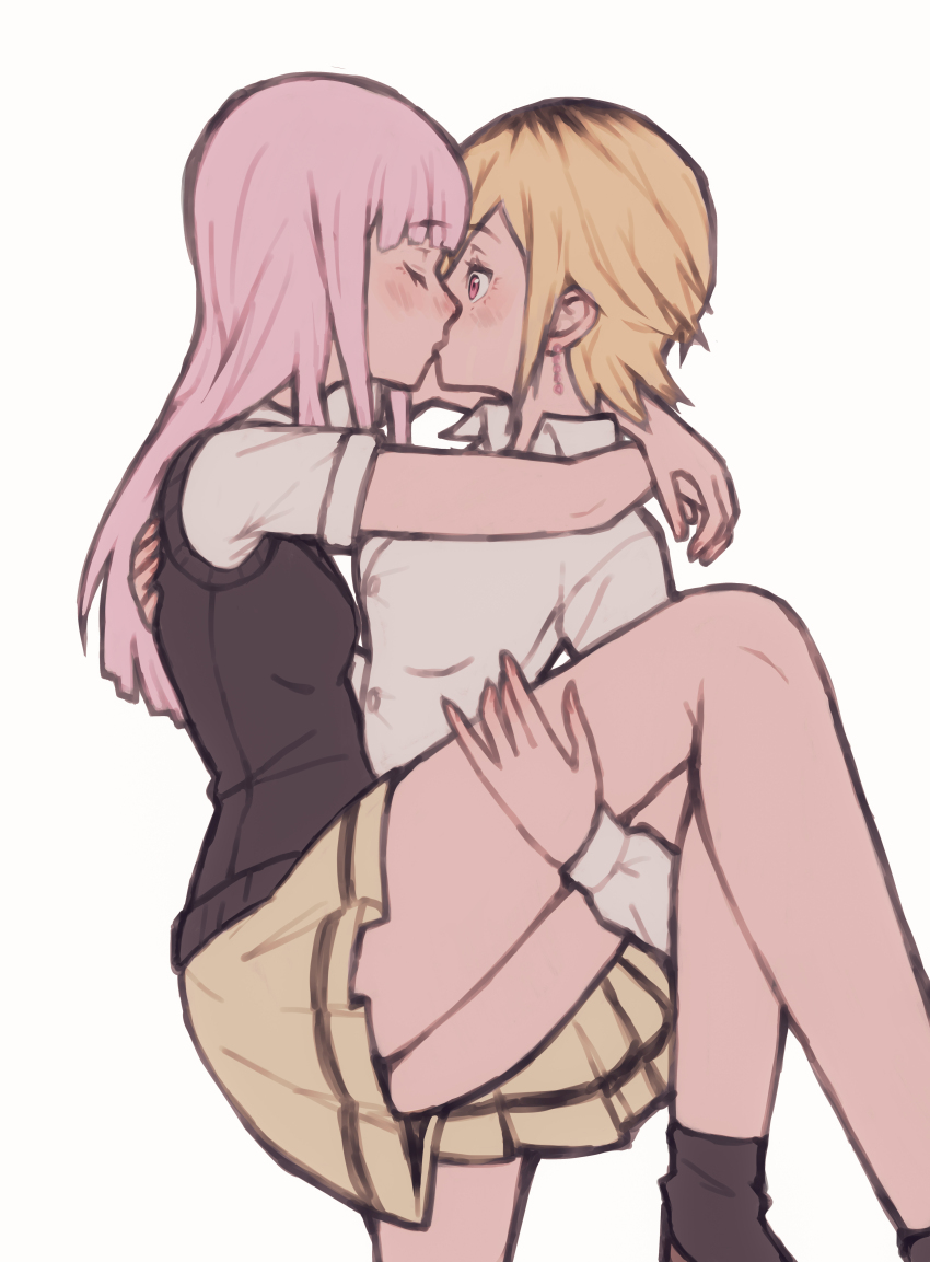 2girls absurdres arms_around_neck black_hair blonde_hair blush breasts brown_eyes carrying closed_eyes commission commissioner_upload earrings hair_dye highres jewelry katou_asuka kiss long_hair multiple_girls pink_hair pleated_skirt princess_carry school_uniform short_hair skirt small_breasts surprise_kiss surprised sweater_vest tbjj1208 watashi_ga_motenai_no_wa_dou_kangaetemo_omaera_ga_warui! yoshida_masaki yuri