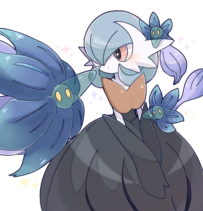 +_+ 1girl absurdres alternate_color black_dress black_gloves blue_hair blush bob_cut closed_mouth colored_skin dot_mouth dress elbow_gloves eye_contact female_focus floating game_freak gardevoir gen_3_pokemon glimmet glimmora gloves hair_over_one_eye heart heart_in_eye highres long_dress looking_at_another mega_gardevoir mega_pokemon nintendo one_eye_covered pokemon pokemon_(creature) red_eyes shiny_pokemon short_hair simple_background sparkle standing suzu_(pixiv_32232702) symbol_in_eye white_background white_skin yellow_eyes