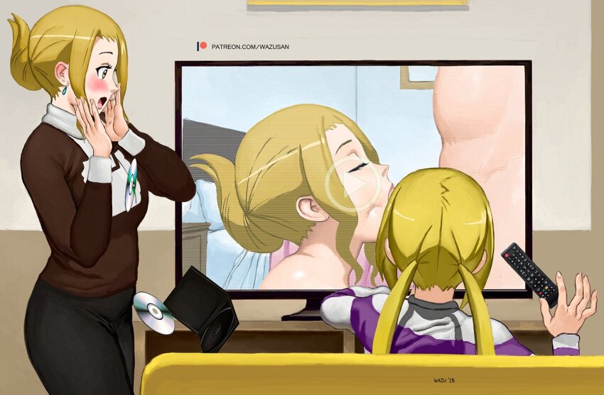 1boy 2girls :&gt;= accident artist_name blonde_hair blush cd cd_case closed_eyes commentary controller convenient_censoring convenient_head couch earrings english_commentary fellatio flat_screen_tv hagimura_suzu hagimura_suzu&#039;s_mother indoors jewelry living_room long_sleeves mature_female mother_and_daughter multiple_girls on_couch oral patreon_logo patreon_username penis penis_peek profile remote_control ring seitokai_yakuindomo shirt striped_clothes striped_shirt surprised television twintails watermark wazu_san web_address wedding_ring yellow_eyes