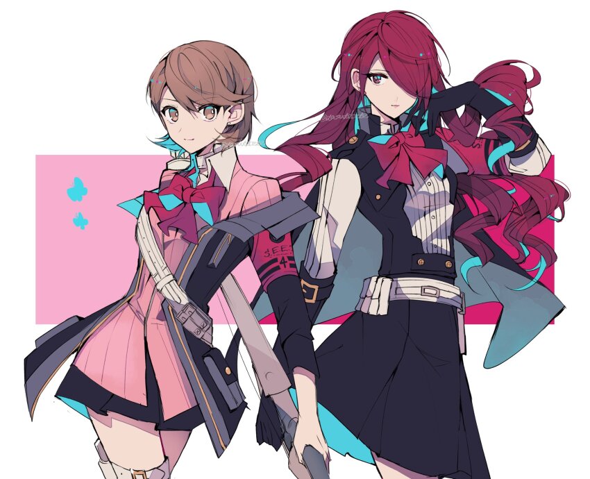 2girls alternate_costume black_jacket bow bowtie breasts brown_eyes brown_hair cardigan choker closed_mouth collared_shirt earrings gekkoukan_high_school_uniform hair_over_one_eye heart heart_choker highres jacket jewelry kirijou_mitsuru long_hair long_sleeves looking_at_viewer multiple_girls official_alternate_costume open_clothes open_jacket persona persona_3 persona_3_reload pink_cardigan red_eyes red_hair ribbed_cardigan ribbon s.e.e.s school_uniform shirt short_hair skirt small_breasts smile stud_earrings takeba_yukari teketeke_(tasutekete) white_choker white_shirt