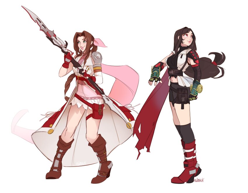 absurdres adapted_costume aerith_gainsborough armor artist_name black_gloves black_hair black_shirt black_shorts black_socks boots braid braided_ponytail breasts brown_boots brown_hair cape closed_mouth coat cosplay crop_top elbow_gloves fighting_stance final_fantasy final_fantasy_vii fingerless_gloves full_body gloves green_eyes hair_ribbon hair_tie highres holding holding_weapon lightning_farron lightning_farron_(cosplay) long_coat long_hair low-tied_long_hair medium_breasts midriff miniskirt parted_bangs pink_cape pink_ribbon pink_shirt pink_skirt pouch red_boots red_cape red_eyes red_gloves redesign ribbon shirt shorts shoulder_armor sidelocks single_braid skirt skirtzzz sleeveless sleeveless_coat sleeveless_turtleneck smile socks standing thigh_pouch tifa_lockhart torn_cape torn_clothes turtleneck veil weapon white_background white_veil