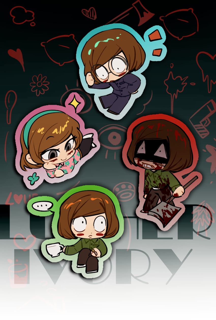 4boys absurdres axe axe_luther black_background blood blood_on_axe blood_on_clothes blood_on_face bloody_weapon brown_hair character_name chibi dream_luther gakuran glasses green_shirt highres holding holding_axe imnotrlup luther_von_ivory male_focus multiple_boys randal&#039;s_friends round_eyewear school_uniform shirt short_hair weapon
