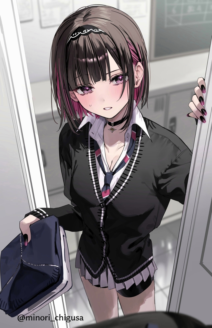 2girls bike_shorts_under_skirt black_cardigan black_choker black_hairband black_nails black_shorts blue_necktie blush breasts brown_hair cardigan chalkboard chigusa_minori choker cleavage collarbone colored_inner_hair commentary_request diagonal-striped_clothes diagonal-striped_necktie female_pov gradient_nails grey_skirt hairband highres indoors locker long_sleeves looking_at_viewer multicolored_hair multiple_girls nail_polish necktie open_mouth pink_eyes pink_hair pleated_skirt pov pov_breasts purple_nails saotome_shino_(shino_to_ren) school_uniform shino_to_ren shirayuki_ren shirt short_hair shorts skirt sleeves_past_wrists solo_focus striped_clothes sweatdrop twitter_username white_shirt