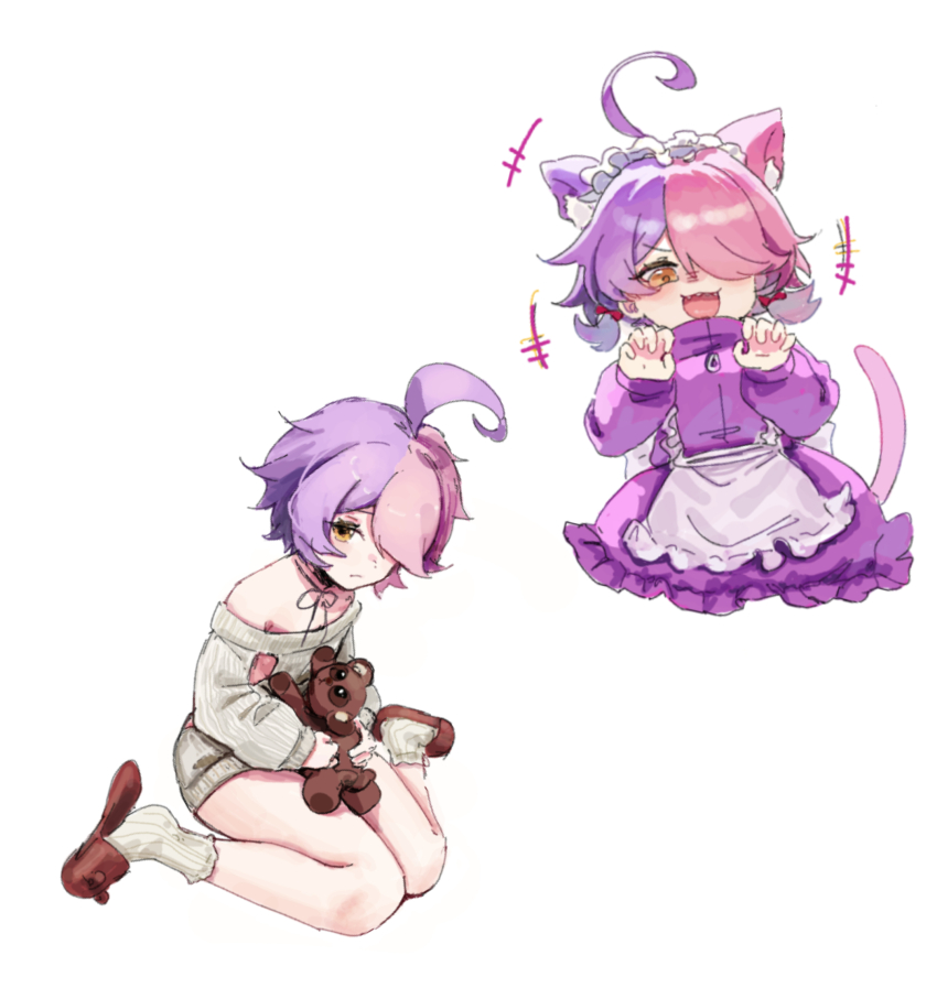 +++ 1girl :d ahoge animal_ear_fluff animal_ears animal_slippers apron bear_slippers benghuai_xueyuan bow brown_eyes brown_footwear cat_ears cat_girl cat_tail closed_mouth commentary_request dress frilled_skirt frills full_body hair_bow hair_over_one_eye highres honkai_(series) jacket jersey_maid long_sleeves low_twintails maid multicolored_hair multiple_views off-shoulder_sweater off_shoulder open_mouth pink_hair puffy_long_sleeves puffy_sleeves purple_hair purple_jacket purple_skirt red_bow ribbed_legwear ribbed_sweater sharp_teeth simple_background sin_mal sin_mal0909 sitting skirt sleeves_past_wrists slippers smile socks stuffed_animal stuffed_toy sweater sweater_dress tail teddy_bear teeth track_jacket twintails two-tone_hair unconventional_maid wariza white_apron white_background white_socks white_sweater