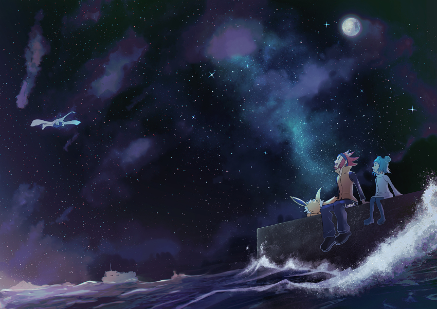 1boy 1girl arm_support black_footwear black_shirt brother_and_sister cloud commentary double_bun dress gen_1_pokemon gen_2_pokemon green_hair hair_bun headband highres jolteon jovi_(pokemon) legendary_pokemon looking_up lopuii lugia michael_(pokemon) moon night nintendo outdoors pants parted_lips pokemon pokemon_(creature) pokemon_xd shirt shoes siblings signature sitting sky smile vest water white_dress yellow_vest