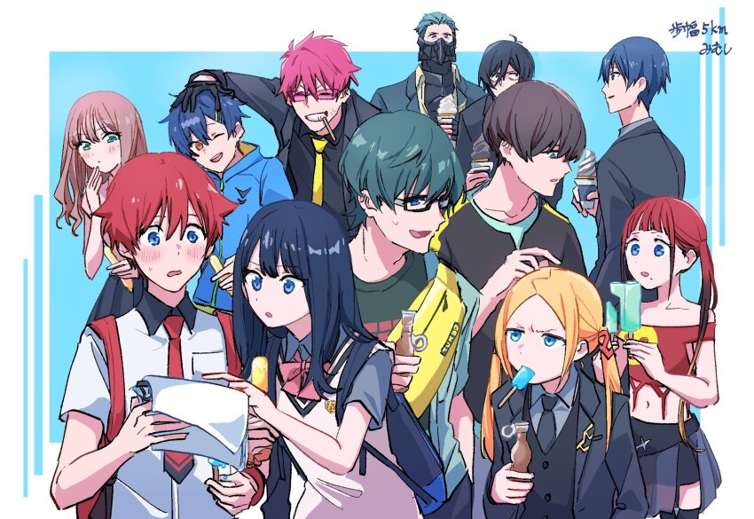 3girls acceptor asanaka_yomogi asukagawa_chise black_hair black_skirt black_suit blonde_hair blue_eyes blue_hair blush borr bow bowtie breasts brown_hair collared_shirt couple fingerless_gloves food formal_clothes gauma glasses gloves green_eyes green_hair gridman_universe gridman_universe_(movie) hair_between_eyes hair_ornament hairclip hetero hibiki_yuuta highres himagosan ice_cream jacket long_hair long_sleeves mask max_(ssss.gridman) minami_yume mole mole_under_mouth multiple_boys multiple_girls necktie pleated_skirt red_bow red_hair samurai_calibur scar scar_on_face school_uniform scrunchie shirt short_hair short_sleeves skirt small_breasts smile suit sunglasses takarada_rikka twintails utsumi_shou vit white_shirt wing_collar wrist_scrunchie yamanaka_koyomi