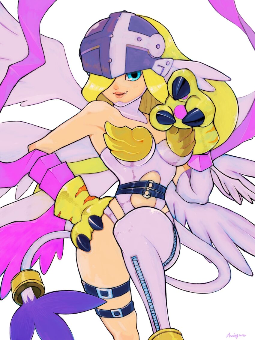 1girl analog_boy02 angel angel_girl angel_wings angewomon belt blonde_hair blue_eyes bodysuit breasts claws digimon digimon_(creature) fang female_focus gloves hair_over_one_eye hand_on_own_hip helmet highres large_breasts long_hair looking_at_viewer mask ribbon smile solo tailmon thigh_strap white_background white_bodysuit winged_helmet wings yellow_gloves