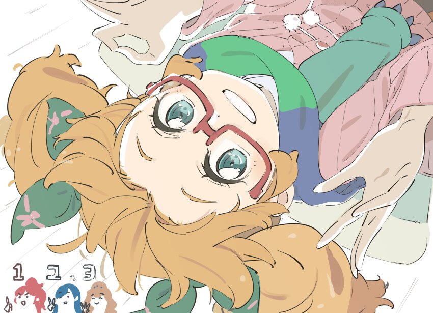 4girls absurdres aikatsu! aikatsu!_(series) blonde_hair blue_eyes bow dot_nose forehead from_above glasses green_bow grin hair_bow hands_up highres himesato_maria kazesawa_sora long_sleeves looking_at_viewer medium_hair multiple_girls ok_sign otoshiro_seira pink_sweater red-framed_eyewear saegusa_kii saitou_atsushi_(kamatamanankotu) scarf semi-rimless_eyewear smile solo_focus sweater twintails under-rim_eyewear white_background