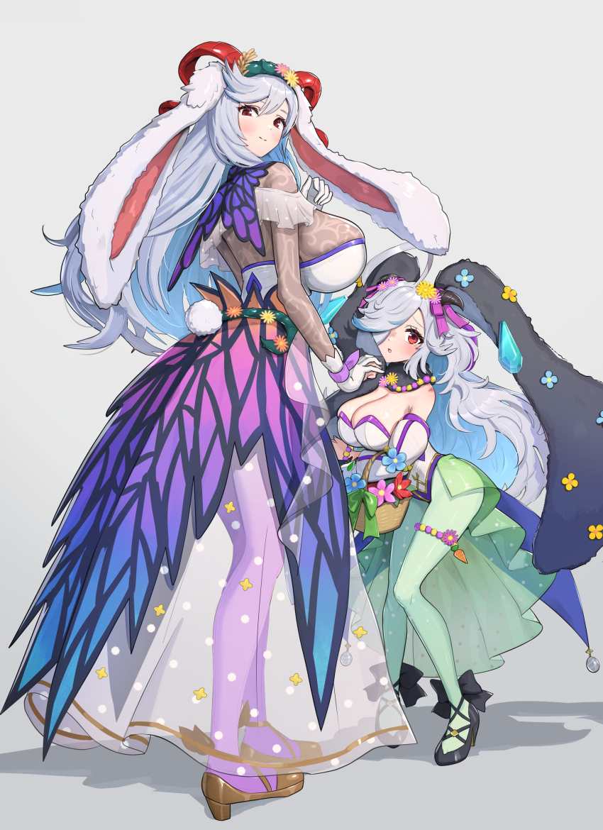 absurdres animal_ears bare_shoulders blue_hair breasts cleavage curled_horns dress eitr_(fire_emblem) eitr_(spring)_(fire_emblem) fake_animal_ears fire_emblem fire_emblem_heroes flower freyja_(fire_emblem) freyja_(spring)_(fire_emblem) gloves goat_horns gonzarez green_pantyhose hair_flower hair_ornament hair_over_one_eye highres horns large_breasts leotard long_hair looking_at_viewer medium_breasts nintendo official_alternate_costume pantyhose purple_pantyhose rabbit_ears red_eyes ribbon see-through_clothes simple_background smile very_long_hair