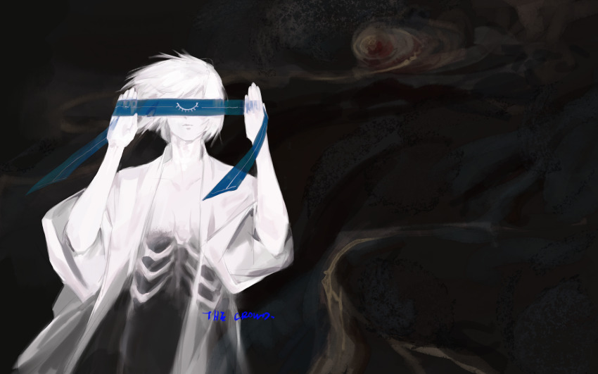 1boy absurdres black_background blindfold colored_blindfold bone closed_mouth commentary_request facing_viewer haori harada_mutei highres holding holding_blindfold japanese_clothes male_focus open_clothes saibou_shinkyoku short_hair signature solo the_crowd upper_body wide_sleeves