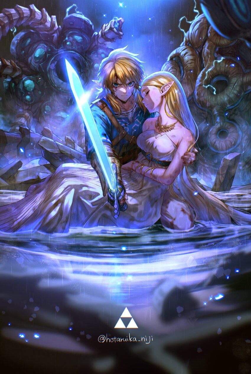 1boy 1girl absurdres belt belt_buckle blonde_hair blood blood_on_clothes blood_on_face blood_on_hands blue_eyes blue_tunic bracelet brown_belt buckle champion&#039;s_tunic_(zelda) closed_eyes dark_background dress glowing glowing_sword glowing_weapon gold_bracelet gold_necklace guardian_(zelda) highres holding holding_sword holding_weapon hotaruika_niji jewelry link long_hair long_sidelocks looking_at_viewer low_ponytail master_sword necklace nintendo pants parted_bangs pointy_ears ponytail princess_zelda puddle rain sidelocks strapless strapless_dress sword the_legend_of_zelda the_legend_of_zelda:_breath_of_the_wild tunic twitter_username weapon white_dress white_pants