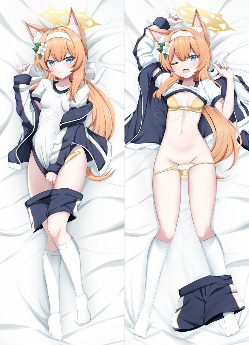 1girl absurdres animal_ears arm_up bed_sheet black_jacket black_shorts blue_archive blue_eyes blush bra breasts breasts_apart cat_ears cat_girl closed_mouth clothes_lift clothes_pull commentary_request dakimakura_(medium) embarrassed flower full_body groin gym_shirt gym_uniform hair_flower hair_ornament hair_spread_out hairband hand_up highres jacket kamesys kneehighs knees_together_feet_apart long_hair long_sleeves looking_at_viewer low_ponytail mari_(blue_archive) mari_(track)_(blue_archive) multiple_views navel no_shoes official_alternate_costume official_alternate_hairstyle one_eye_closed open_clothes open_jacket open_mouth orange_hair panties panty_pull ponytail sample_watermark shirt shirt_lift shirt_tug short_sleeves shorts shorts_pull sidelocks small_breasts socks split_mouth stomach track_jacket tsurime underwear watermark white_flower white_hairband white_shirt white_socks yellow_bra yellow_panties