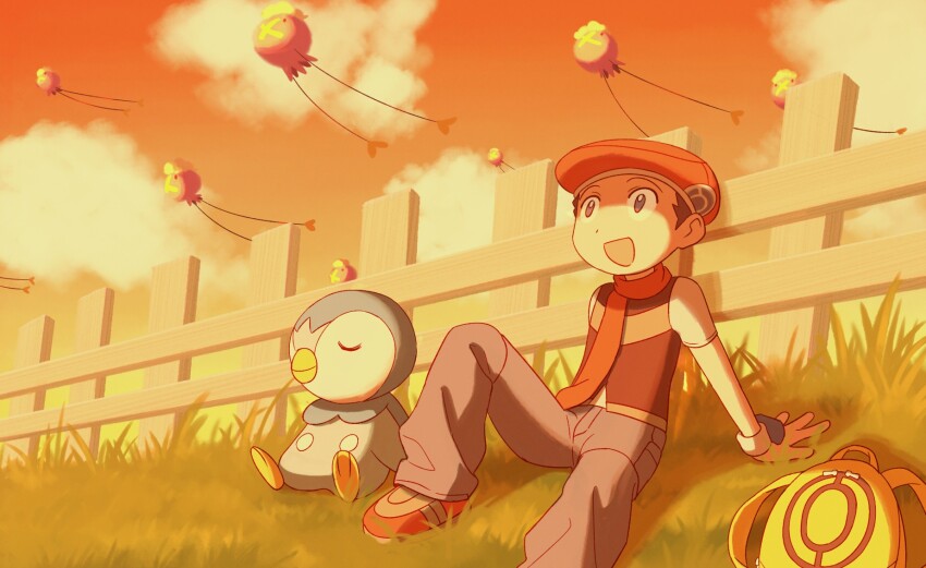 :3 backpack bag bird black_hair black_shirt closed_eyes cloud drifloon evening feiyang02 fence flat_cap flying gen_4_pokemon hands_on_ground hat highres knee_up lucas_(pokemon) male_focus nintendo on_grass open_mouth orange_sky outdoors piplup pokemon pokemon_(creature) pokemon_dppt poketch red_hat red_scarf scarf shirt short_hair short_sleeves sitting sky smile u_u unworn_bag watch white_sleeves wooden_fence wristwatch yellow_bag