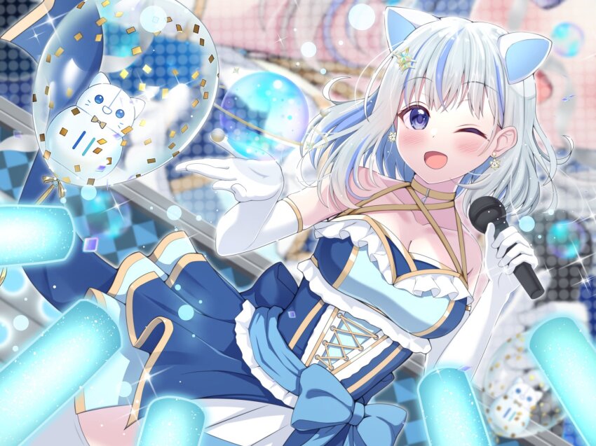 1girl ;d animal_ears balloon blue_dress blue_hair blush colored_inner_hair commentary_request cross-laced_clothes cross-laced_dress dress earrings elbow_gloves gloves glowstick grey_hair hair_ornament highres holding holding_microphone iriam jewelry medium_hair microphone miria_(iriam) multicolored_hair one_eye_closed open_mouth penlight_(glowstick) purple_eyes shirasu_(iriam) sleeveless sleeveless_dress smile solo sparkle streaked_hair tongue two-tone_hair white_gloves yuzuki_yuki_(another_yuki)