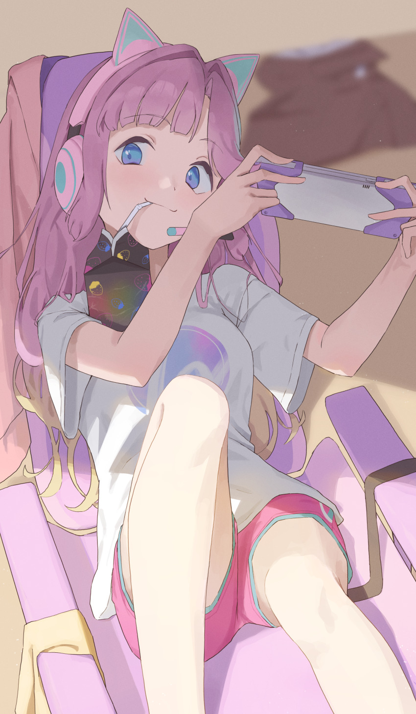 1girl :3 absurdres animal_ear_headphones animal_ears anyoji_hime anyoji_hime_(summer_loungewear) blonde_hair blue_eyes blunt_bangs blurry blurry_background breasts cat_ear_headphones chair closed_mouth commentary_request dress drinking drinking_straw drinking_straw_in_mouth fake_animal_ears feet_out_of_frame gaming_chair gradient_hair hair_down hair_intakes handheld_game_console headphones highres holding holding_handheld_game_console jacket link!_like!_love_live! long_hair looking_at_viewer loungewear love_live! medium_breasts milk_carton multicolored_hair official_alternate_costume official_alternate_hairstyle on_chair pink_hair pink_headphones pink_jacket pink_shorts shirt short_shorts short_sleeves shorts sidelocks sitting smile solo sunkeun swept_bangs swivel_chair t-shirt unworn_dress unworn_jacket very_long_hair virtual_youtuber white_shirt