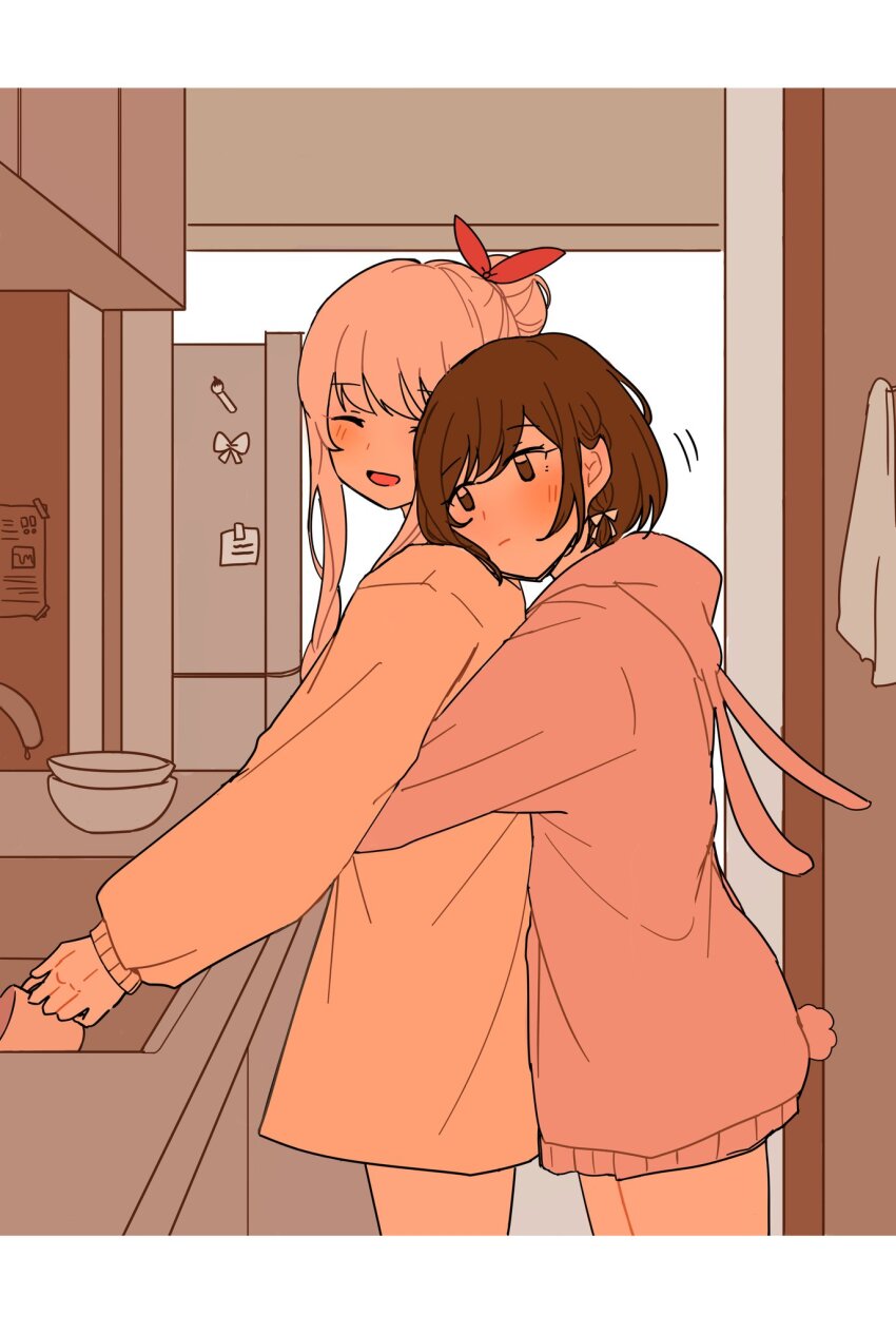 1girl 1other :d ^_^ akiyama_mizuki animal_ears animal_hood blush bow bowl braid brown_eyes brown_hair cleaning_rag closed_eyes closed_mouth commentary cowboy_shot cup fake_animal_ears fake_tail hair_bun hair_ribbon head_on_another&#039;s_shoulder heads_together highres holding holding_cup hood hood_down hoodie hug hug_from_behind indoors kyline letterboxed long_sidelocks long_sleeves mug open_mouth orange_shirt other_with_female paintbrush pink_hair pink_hoodie plate project_sekai puffy_long_sleeves puffy_sleeves rabbit_hood rabbit_tail red_ribbon refrigerator ribbon shelf shinonome_ena shirt short_hair short_tail side_braid sidelocks single_hair_bun sink smile standing sticky_note swept_bangs tail tape white_bow white_ribbon yuri