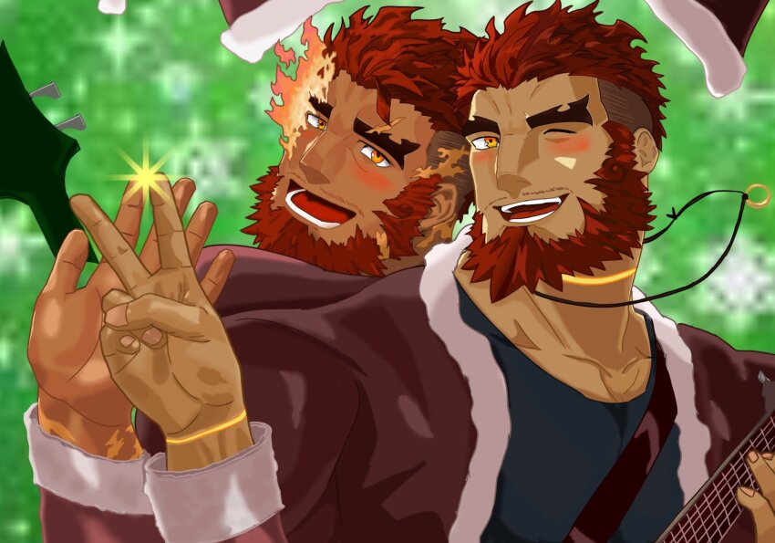 2boys back-to-back bara beard blush dark-skinned_male dark_skin eyebrow_cut facial_hair feet_out_of_frame flaming_eye full_beard hakuro21013776 head_tilt hephaestus_(housamo) highres multiple_boys one_eye_closed short_hair talos_(housamo) thick_beard thick_eyebrows tokyo_houkago_summoners upper_body v